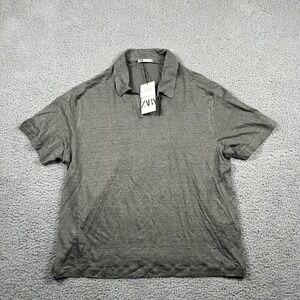 Zara Shirt Mens‎ XL Gray 100% Linen Polo Short Sleeve Casual Lightweight New